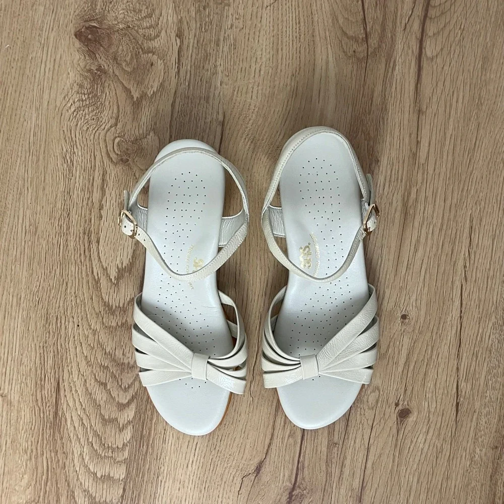 SAS Bone Patent Leather Strippy Quarter Strap‎ Wedge 7.5W Strappy Bow